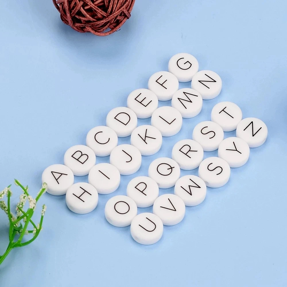 LOFCA 12mm 70PCS Flat Round Silicone Beads Food Grade Letter Alphabet Personalized Name DIY Keychain Bead Jewelry Accessories