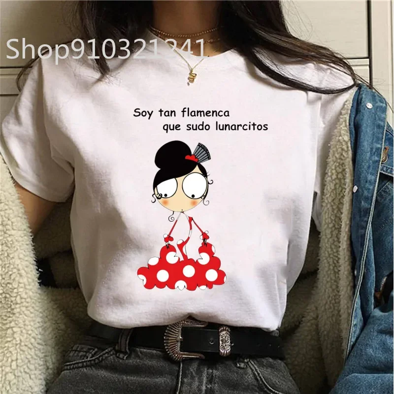 T-shirt da donna Harajuku Top Camicie Manica corta Tacco alto Stampa Flamengo Dance Tees Cartoon Graphic Camicia O-Collo femminile Abbigliamento