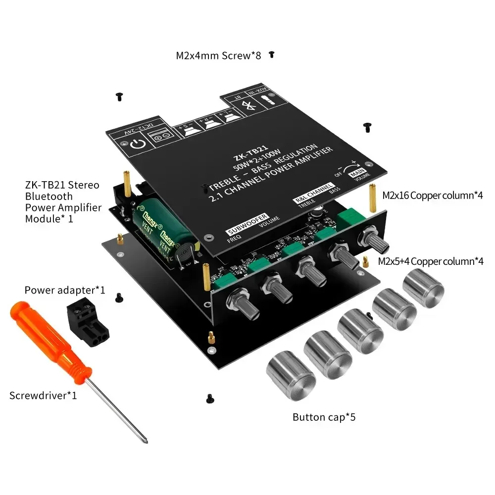 ZK-TB21 Bluetooth 5.0 Subwoofer Amplifier Board 50W*2+100W 2.1 Channel Power Audio Stereo Bass AMP Chip TPA3116D2