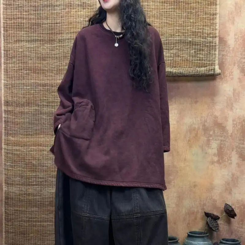 

Autumn Winter Style Women Long Sleeve O-neck Loose T-shirt Single Pocket Cotton Casual Long Tee Shirt Femme Tops High Quality