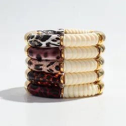 New Acrylic Bamboo Curved Tube Couple Bracelets for Women Men Leopard Resin Chunky Elbow Beads Elastic Bangle Stack Jewelry Gift