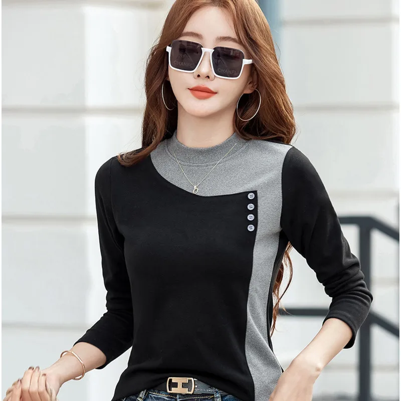 #0378 Spliced Color Long Sleeve T Shirt Women Half Turtleneck Slim Thick Warm Autumn Winter T Shirt Buttons Tee Shirt Femme