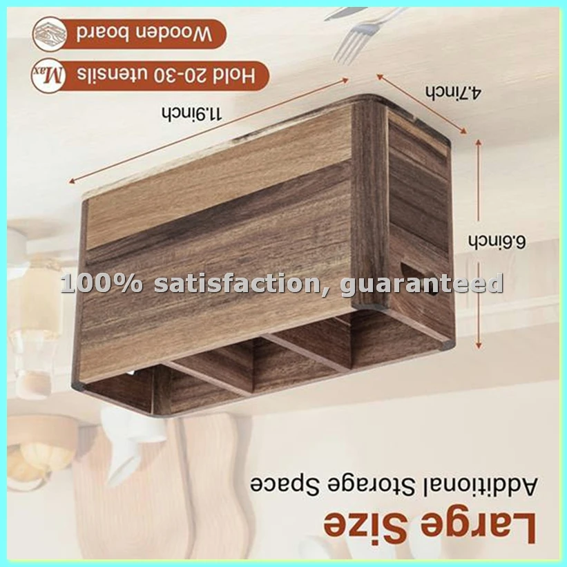 Extra Large Wooden Kitchen Utensil Holder Organizer - 3 Compartment Utensil Holder, Farmhouse Wooden Spoon Organizer-AD23