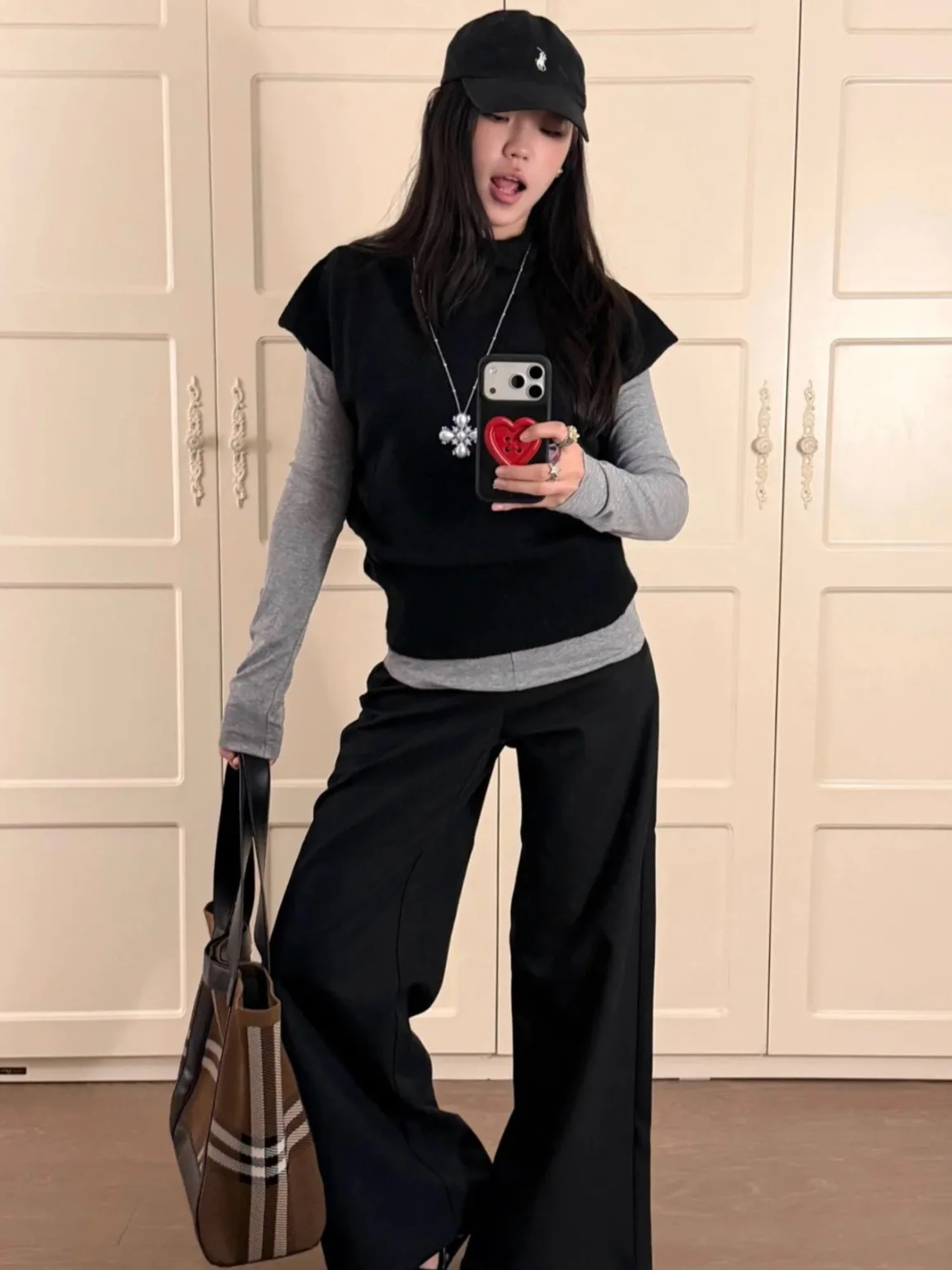Korean Style Women's Long Sleeve Knitted Vest Top Black Half Sleeve Base Layer T-Shirt Autumn Winter Fashion Stack Wear Set