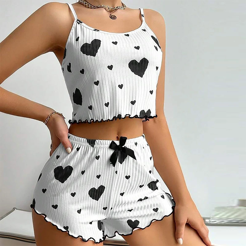 Women\'s Pajamas Set Sleepwear 2 PCS Short Tank Tops And Shorts S M L White Ventilate Soft Casual Love Printing
