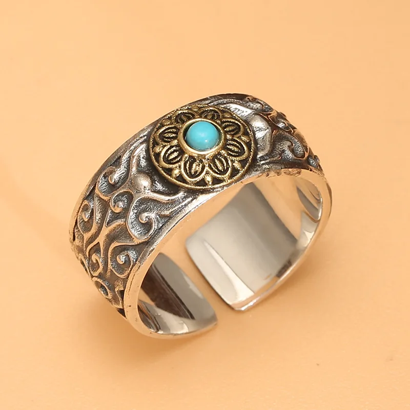 

S925 sterling silver ring men's blue turquoise petal opening ring british style elegant women's trendy jewelry ethnic style