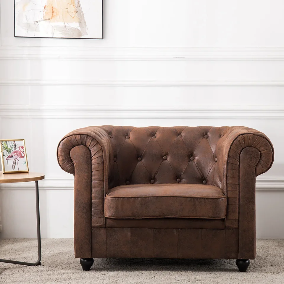 Brown Household Mid-Century Leather Accent Wingback Chesterfield Armchair  Living Room Furniture