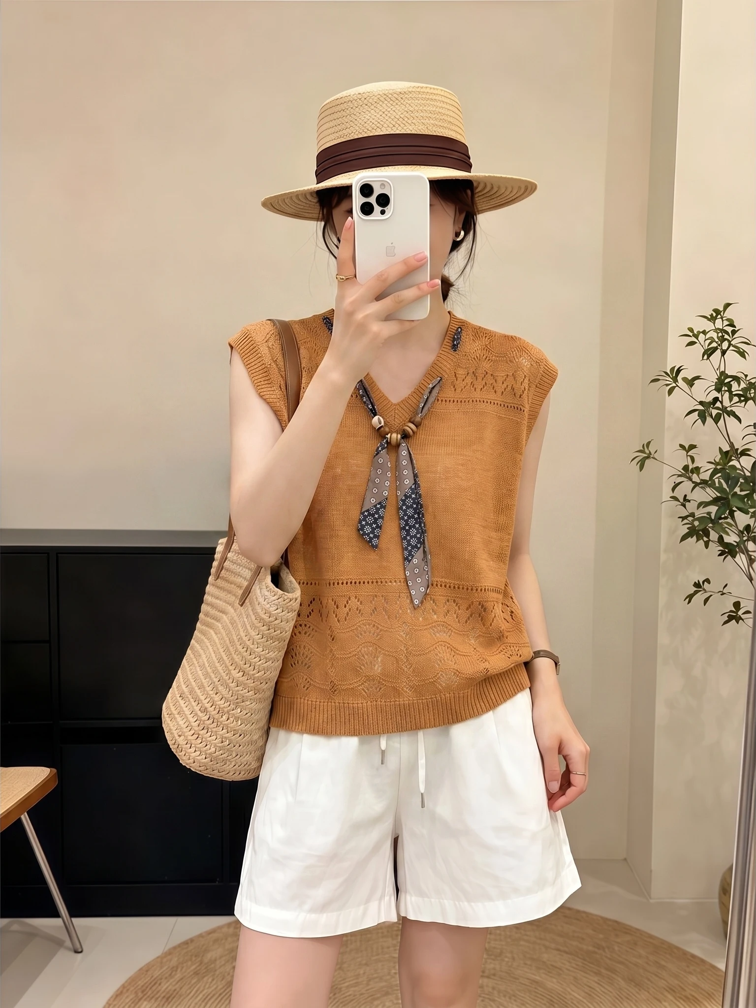 Orange Pumpkin Hollow out V-Neck Shoulder Length Vest Women's Outerwear Summer New Style plus Size Fat MM Scarf Top