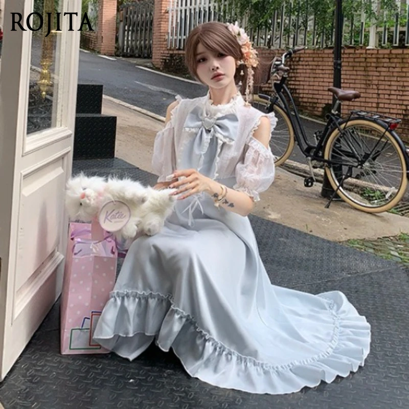 

Aqua Blue Gentle Lo Dress for Women 2025 Summer New Lace Crew Neck Bow Bubble Short Sleeve Ruffle Edge Dress
