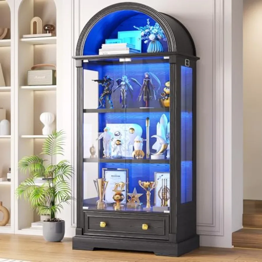 Curio Cabinet with Glass Doors for Living Room Display, Wood Finish, Warm White, Human Sensor Lights 4-Tier Adjustable Shelves