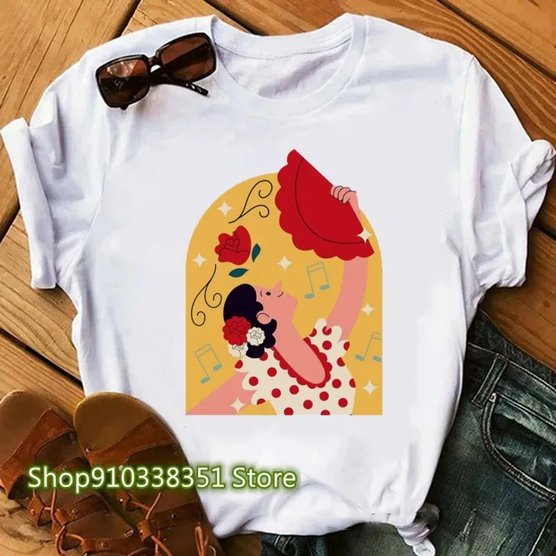 Women T Shirt Flamenco Art Print T Shirt Dancing Shirt for Lady Yong Girl Tee Tops Fashion T-shirt Harajuku White Short Sleeve