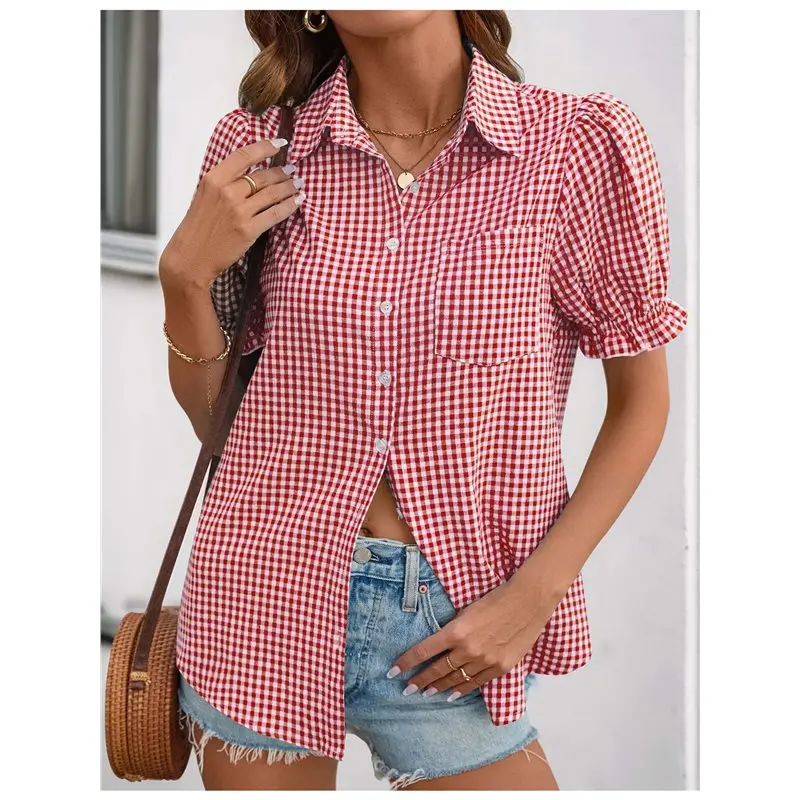 

CYL-Women 'S Shirts Puff Sleeve Button Down Summer Casual Blouses Collared Work Tops