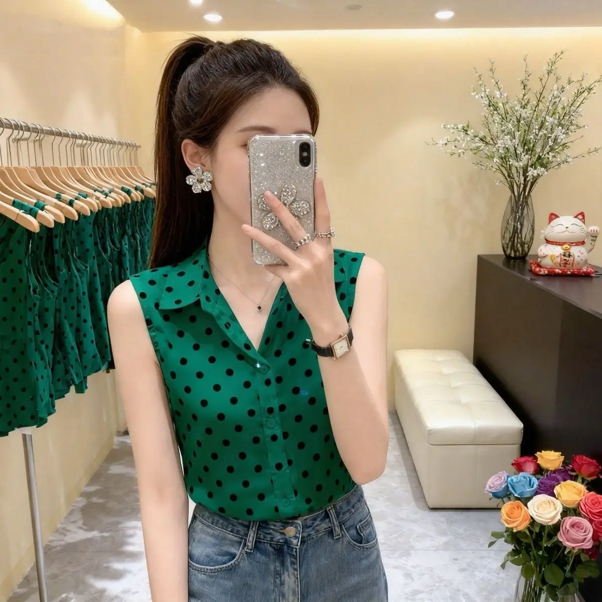 

Summer Neck Sleeveless Women's Chiffon Shirt Loose Design Polka Dot Print Comfortable Korean Style Top Open Cardigan