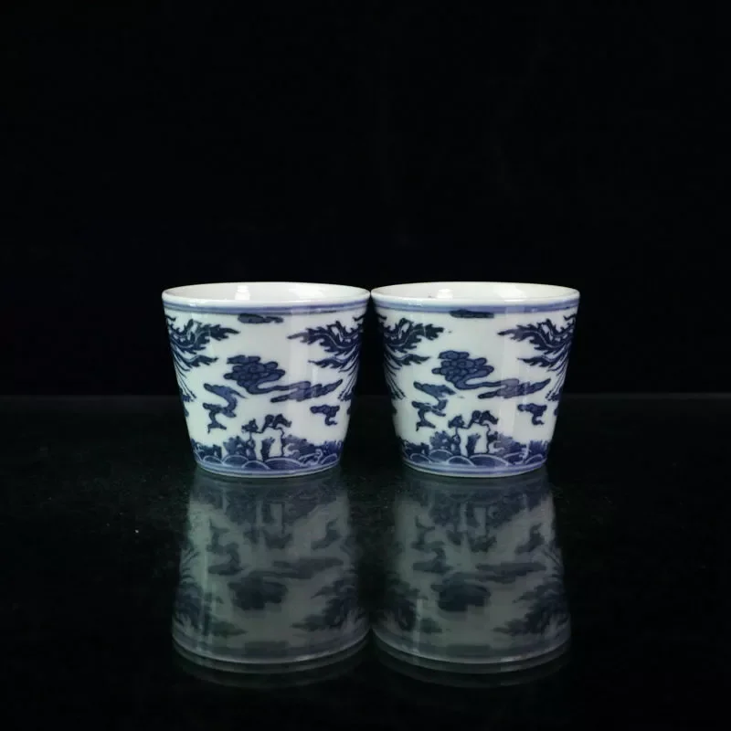 China Jingdezhen Blue and White Porcelain Two Phoenix Pattern Bird Cup Cups Pair