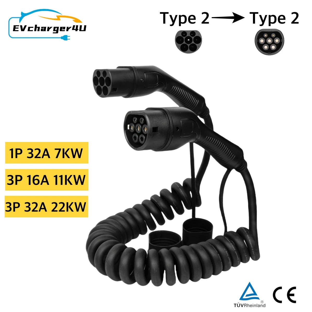 IEC62196 Type 2 to Type2 EV Charging Cable Spiral 16A/32A 7KW 11KW 22KW 5M Extension Electric Vehicles Coiled Portable Cables