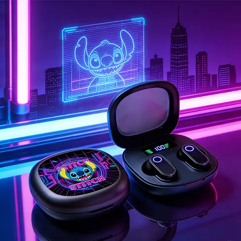 Disney Stitch TWS Wireless Bluetooth Headset LED Display Gamer Earbuds with Mic Headphones Noise Cancelling Bluetooth Earphones