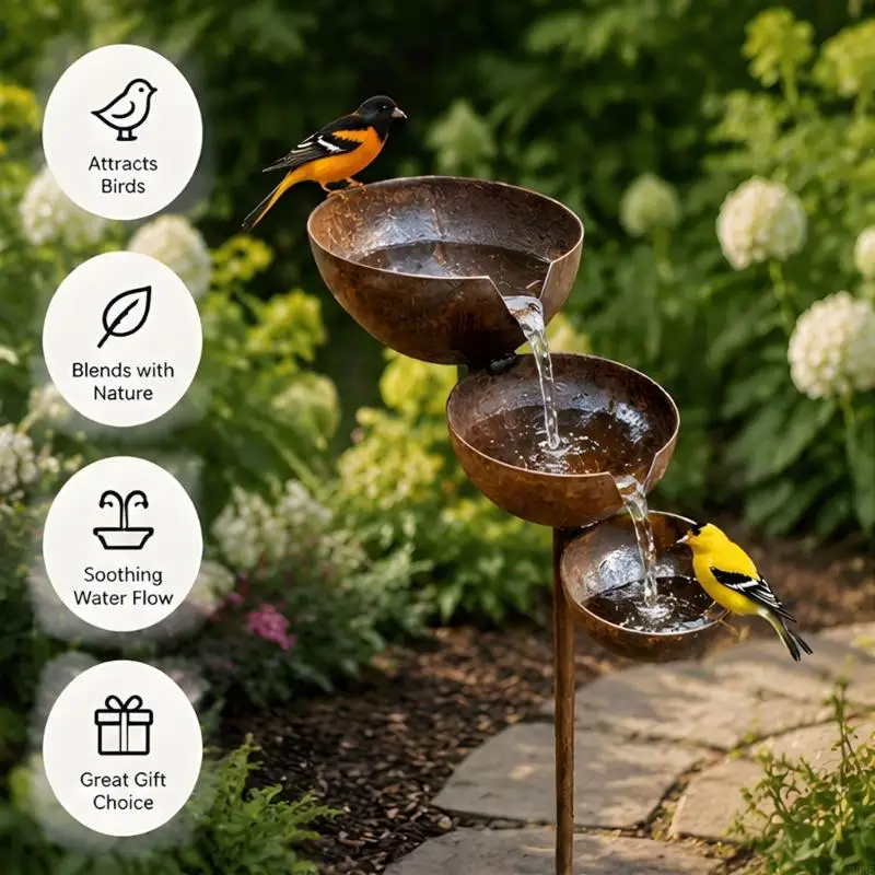 Vogeltränkeständer für den Außenbereich, Gartenwasserständer aus Metall mit drei Schüsseln, 31,5 Zoll verwitterter und Regennapf – Detail 3