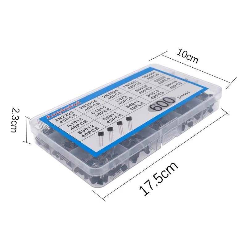 Kit d'assortiment de transistors TO-92, 30-160V, 50-1000mA, NPN PNP 2N2222 2N5551 S9014 C945 S9018 S8050, 600 pièces, 15 valeurs x 40 pièces