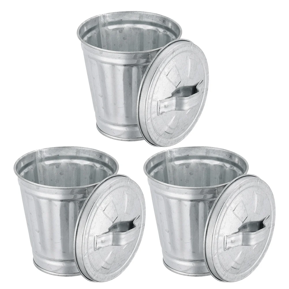 

3 Pcs Mini Trash Can Waste Container Flowerpot with Lid Small Cans Compost Bin Garbage Iron Metal Adorable Office Junk Case