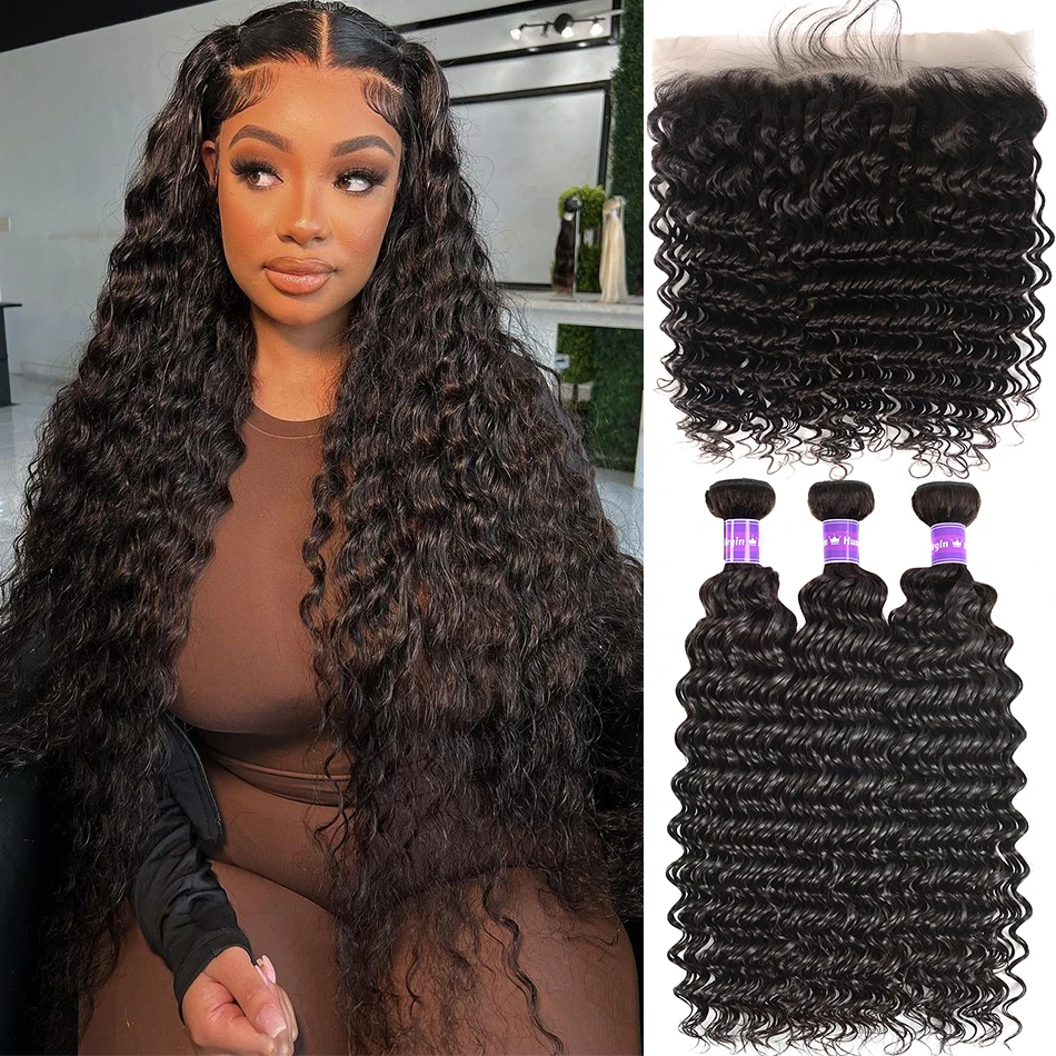 

Deep Wave Bundles With 13x4 Frontal Indian 100% Remy Human Hair 3 Bundles With Closure Curly Bundles With 4x4 Lace Closure