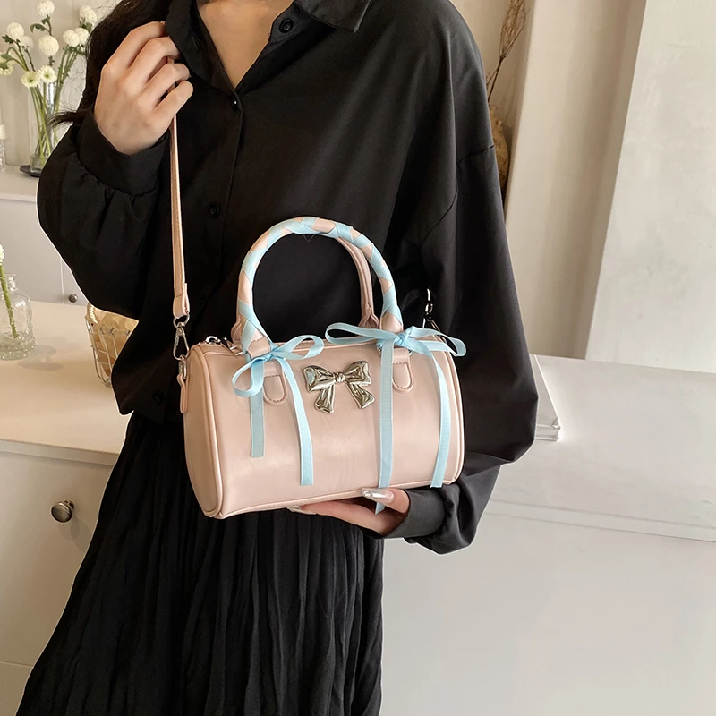 Small Ribbon Design Cute PU Leather Shoulder Bag Handbags Luxury Designer Women 2024 Fashion Solid Color Crossbody Bag