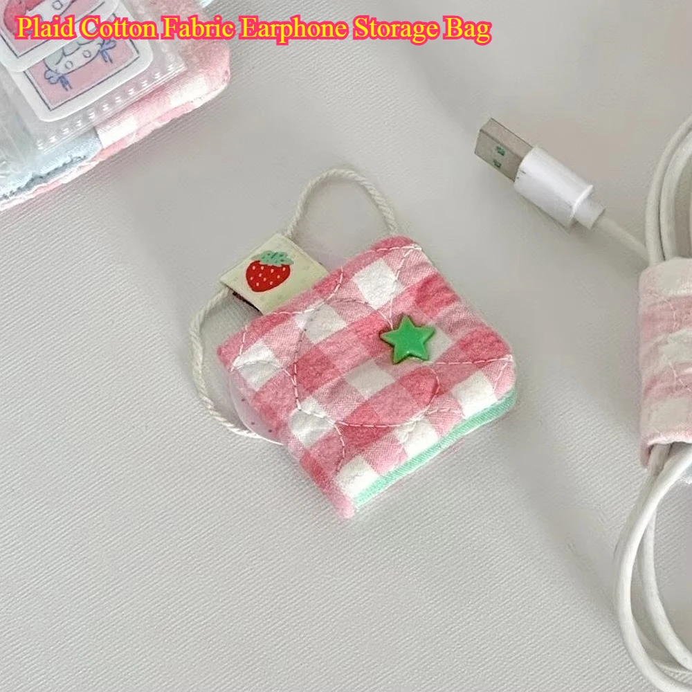 

Plaid Cotton Fabric Earphone Storage Bag - Korean Style Cute Pentagram for Cable Decoration