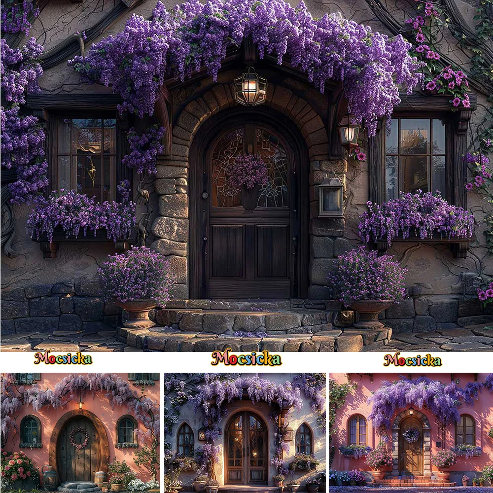 خلفية التصوير الفوتوغرافي من الوستارية الأرجواني ، جدار زهرة ، ديكور الباب الخشبي المقوس ، خلفية الزفاف ، صورة استوديو لفتاة ، منزل ومنزل