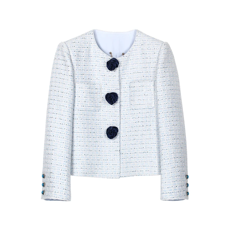 

Модная и элегантная короткая куртка на пуговицах синей розы во французском стиле с небольшим ароматом и женским топом уникального дизайна