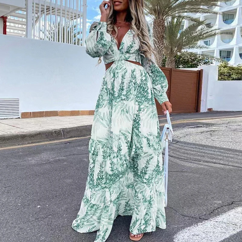 Spring Sexy Hollow V Neck Buttons Bohemian Dress Women Elegant Printed High Waist Long Dress Autumn Flare Long Sleeve Maxi Dress