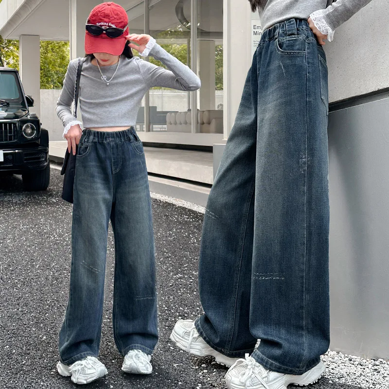 Girls' Autumn Jeans, New High-Waist Denim for Tween Girls Blue Wide-Leg Pants, Girls' Loose Casual Pants.