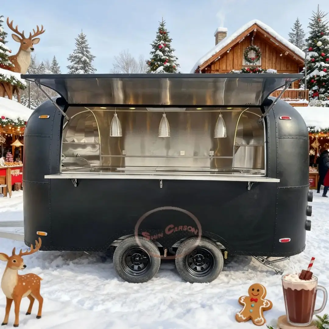 Commercial Food Truck Trailer Mobile Kitchen Cart with LED Lights Workbench for Coffee Snack Fast Food Vending