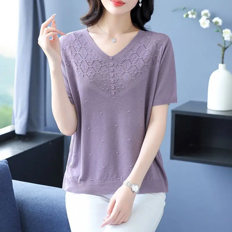 Short-sleeved Top Summer Knitwear New Hollow Ice Silk Fashionable Half-sleeve Loose Thin Style