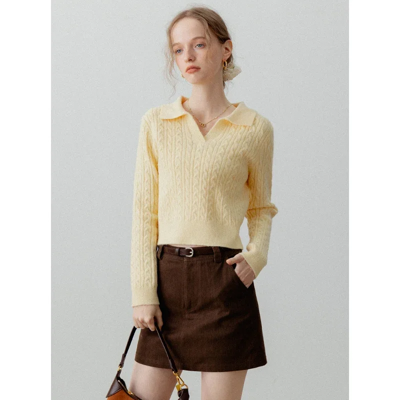 EGGKA Twisted Polo Collar Sweater Women Autumn Slim Knitted Pullovers Shirts Solid Color Basis Sweaters Korean Fashion Jumpers