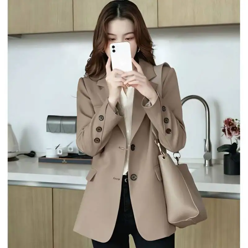 

Khaki Suit Jacket Women Autumn New Korean Loose Blazer Office Lady Tailored Collar Retro Chic Casual Solid Formal Blazers Suit
