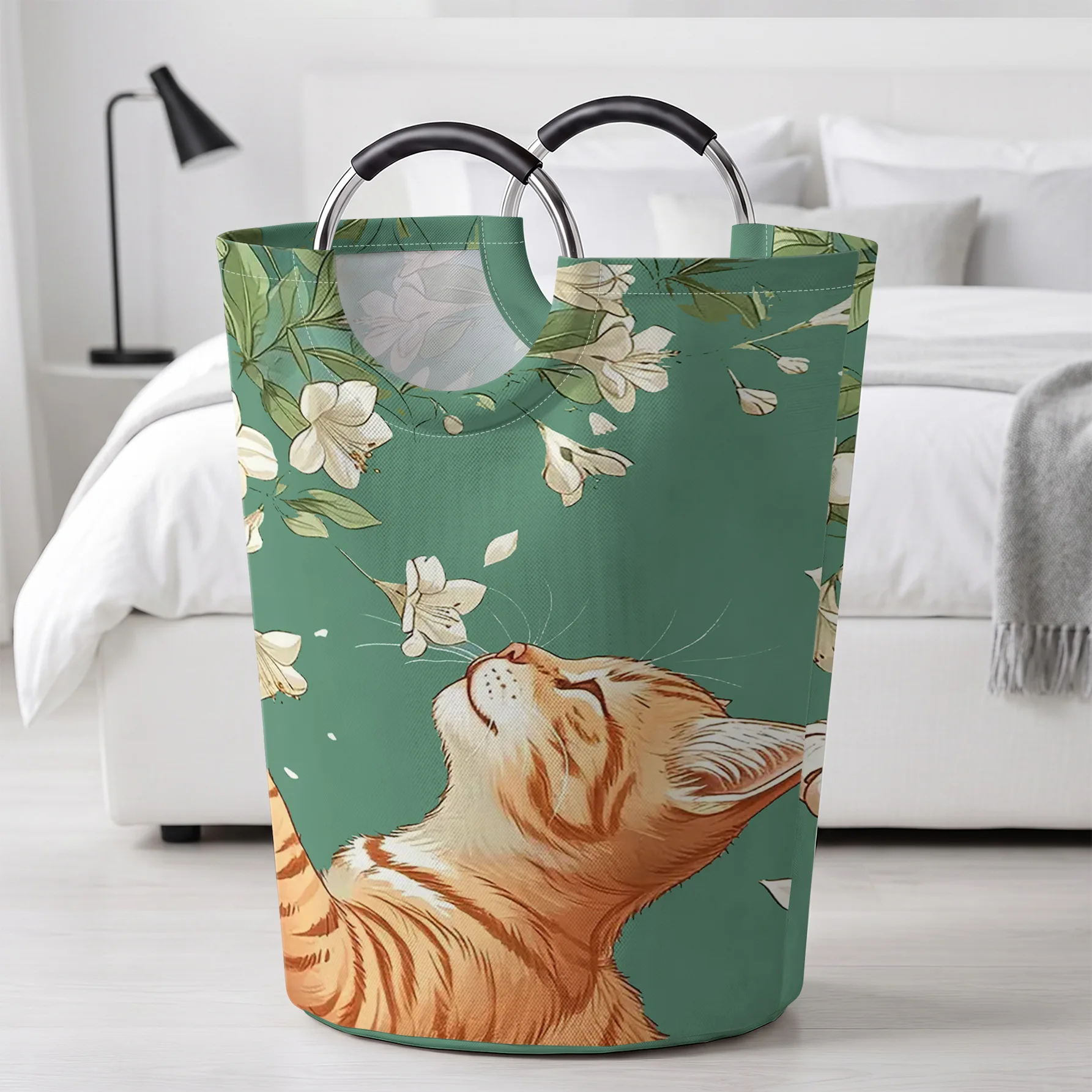 Green Background Orange Cat White Flower Print Handheld Storage Basket, For Laundry, Bedroom & Home Sundries Storage