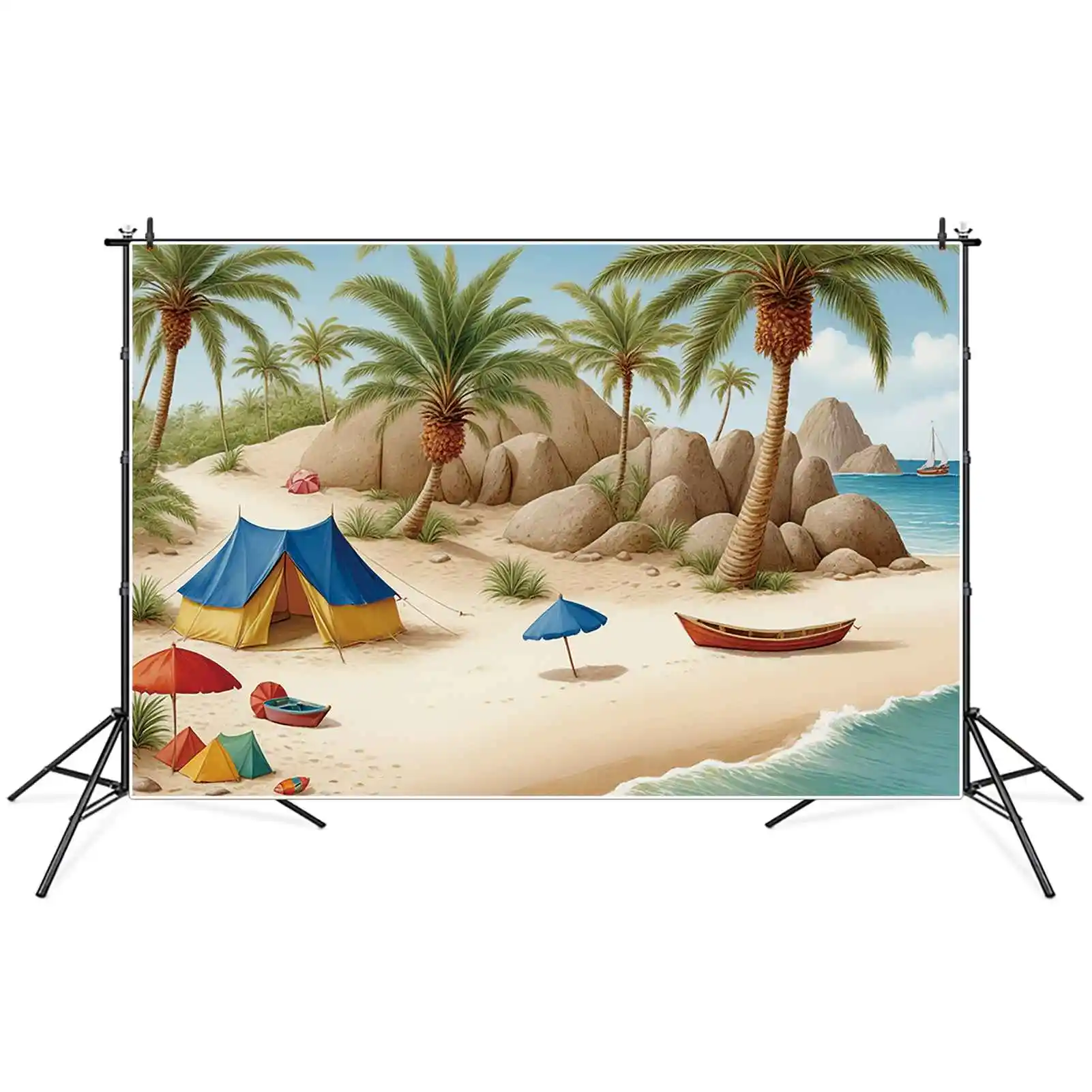 MOON.QG Beach Holiday Birthday fondali Boy Tent Palm Tree Sand Travel Background decorazione personalizzata per feste Photozone puntelli