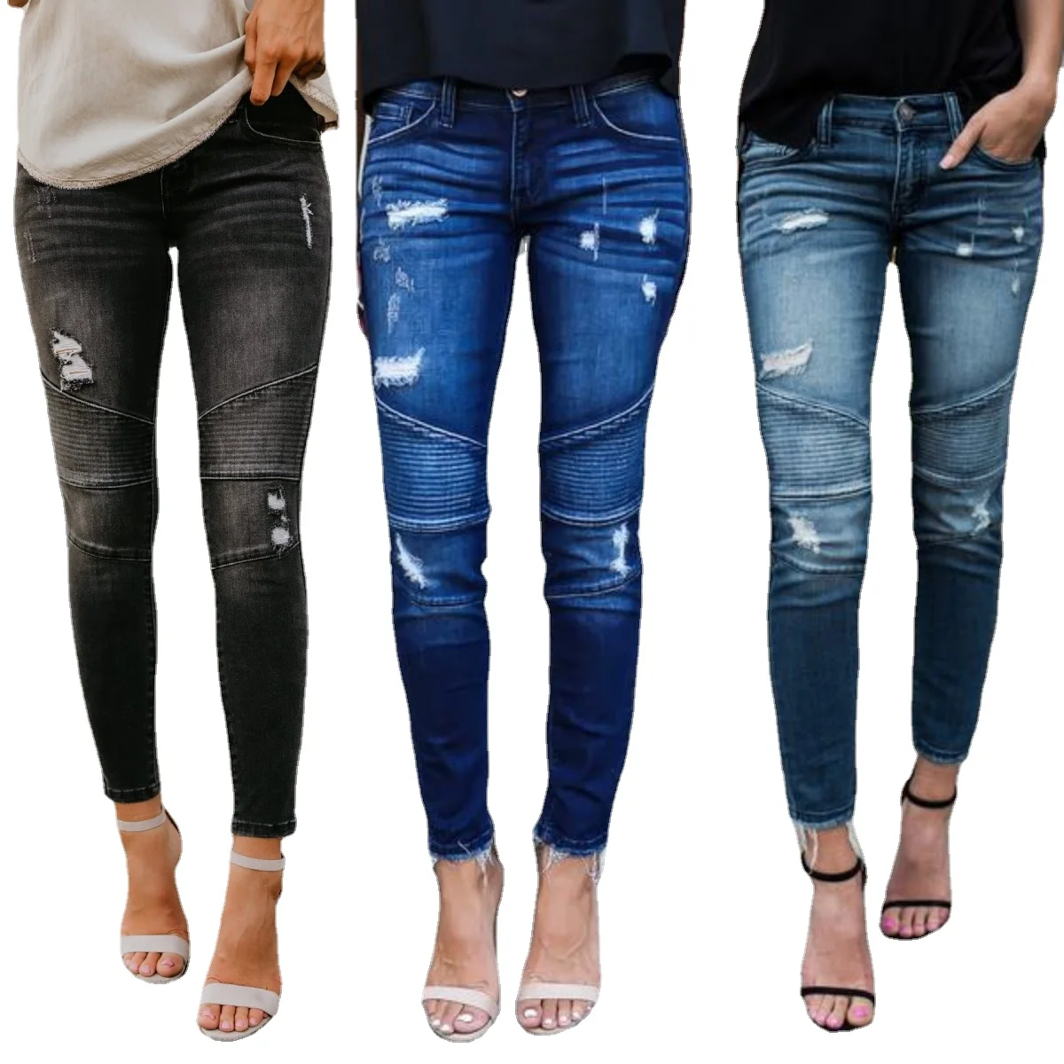 

2023 Spring New Women's Ripped Pleated Jeans Fashion Slim Stretch Denim Pencil Pants Casual Female Trousers S-2XL