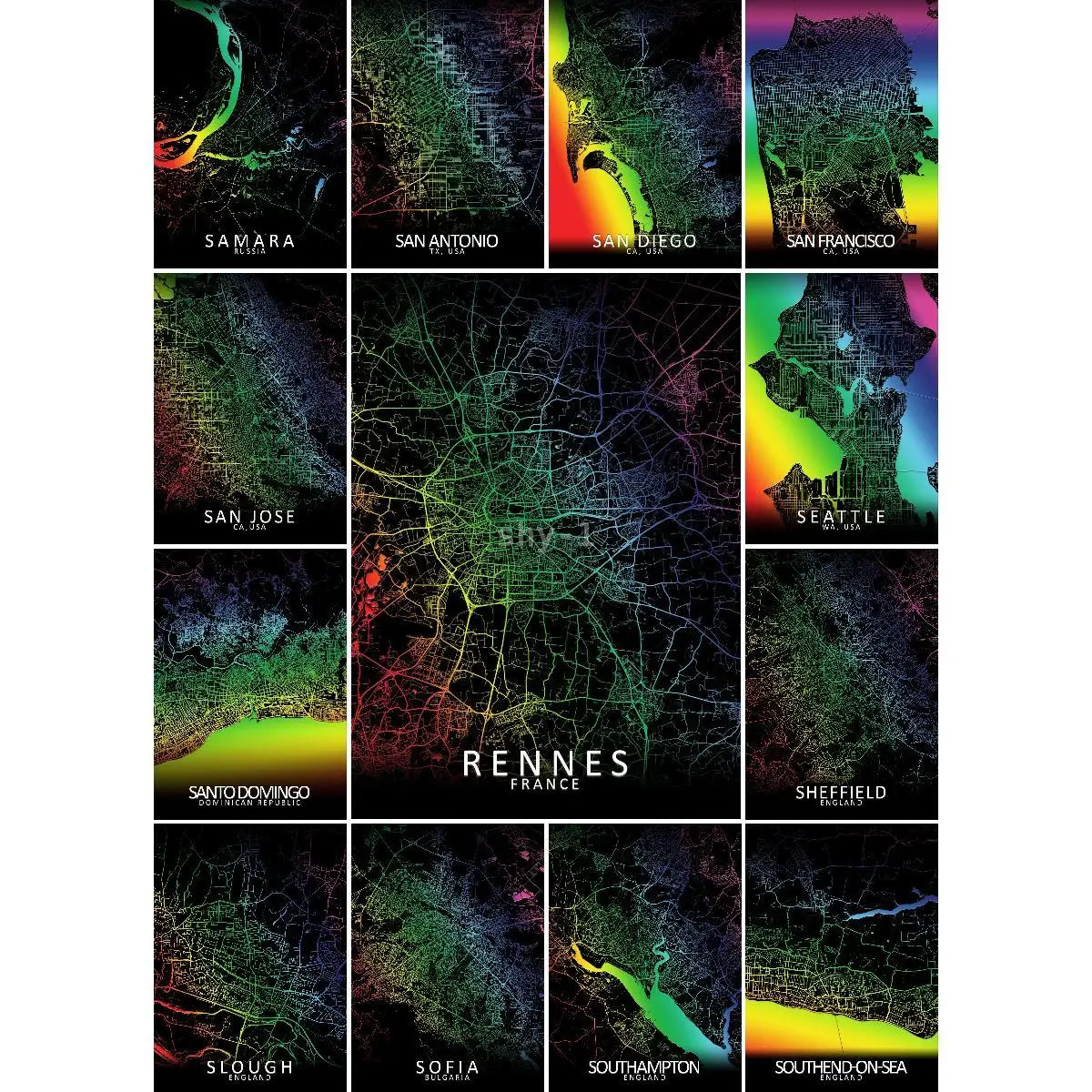 Rennes Rainbow City Map Poster  Vibrant Travel  Nature Wall Art Print for Home Decor Maps Collection