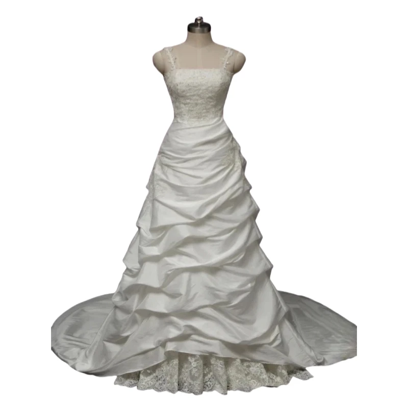 Abiti da sposa vintage increspati A-Line Applique in pizzo a strati con strascico Abito da sposa classico senza spalline Vestido personalizzato