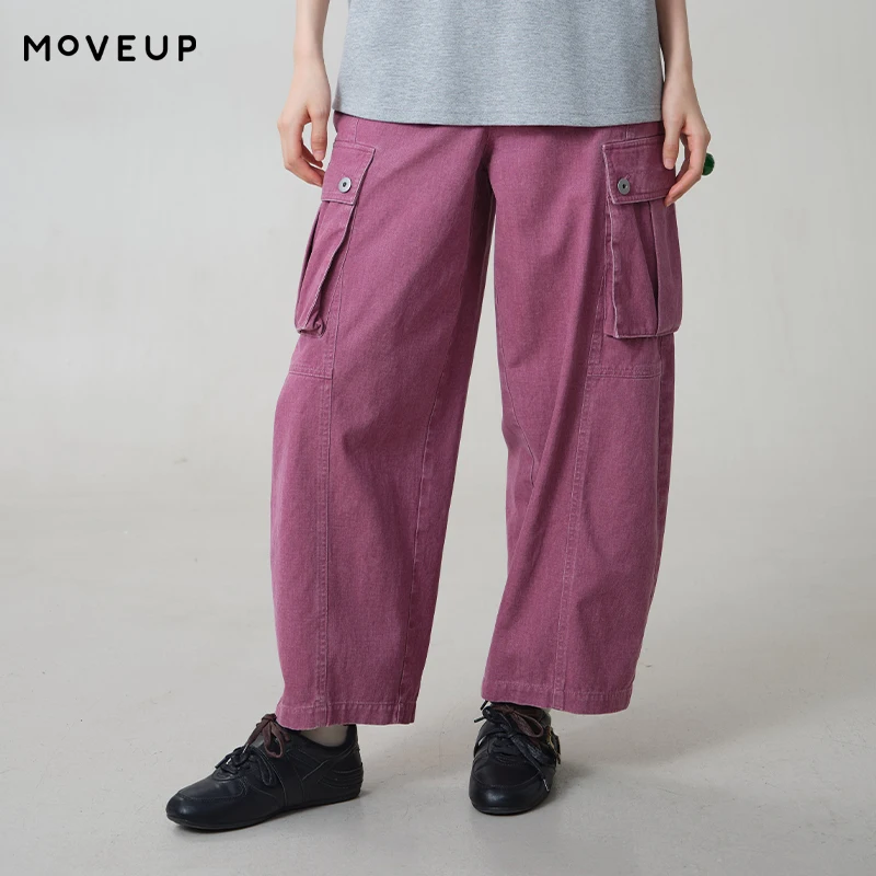 MOVEUP Women's 100% Cotton Cargo Pants 2026 Autumn Back Elastic Waist Multi‑Pocket Loose Straight‑Leg Casual Trousers 3ELQ20125