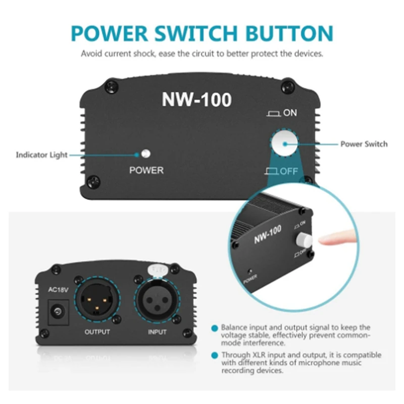 Condenser Microphone XLR Cable 48V Phantom Power Supply Microphone Phantom Power EU Plug