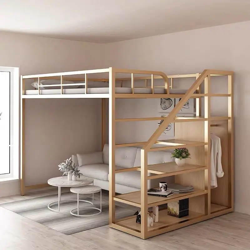 Small apartment, duplex upper bunk iron bed, two-story attic, double-layer multi-functional wrought iron bed, high and low bed,