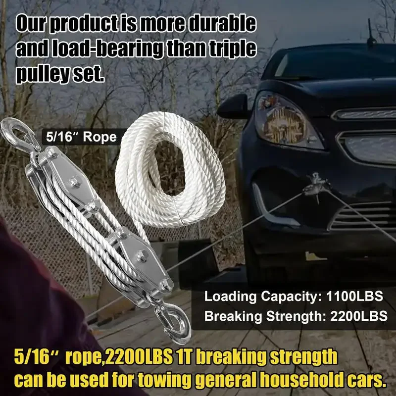 Block And Tackle 50 Ft 3/8 Rope Pulley Hoist With 5:1 Lifting Power Multifunctional Heavy Duty Pulley System With 2200 Lbs