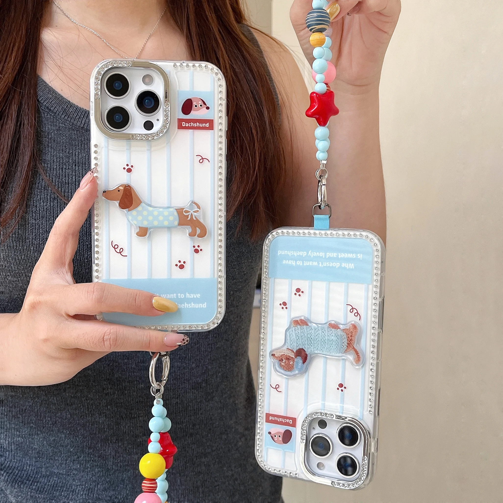 

Dot Diamond Stereoscopic Cute Puppy Originality Phone Case For iPhone 12 13 14 15 16 17 Pro Max 14 15Plus With Lanyard Drop Case