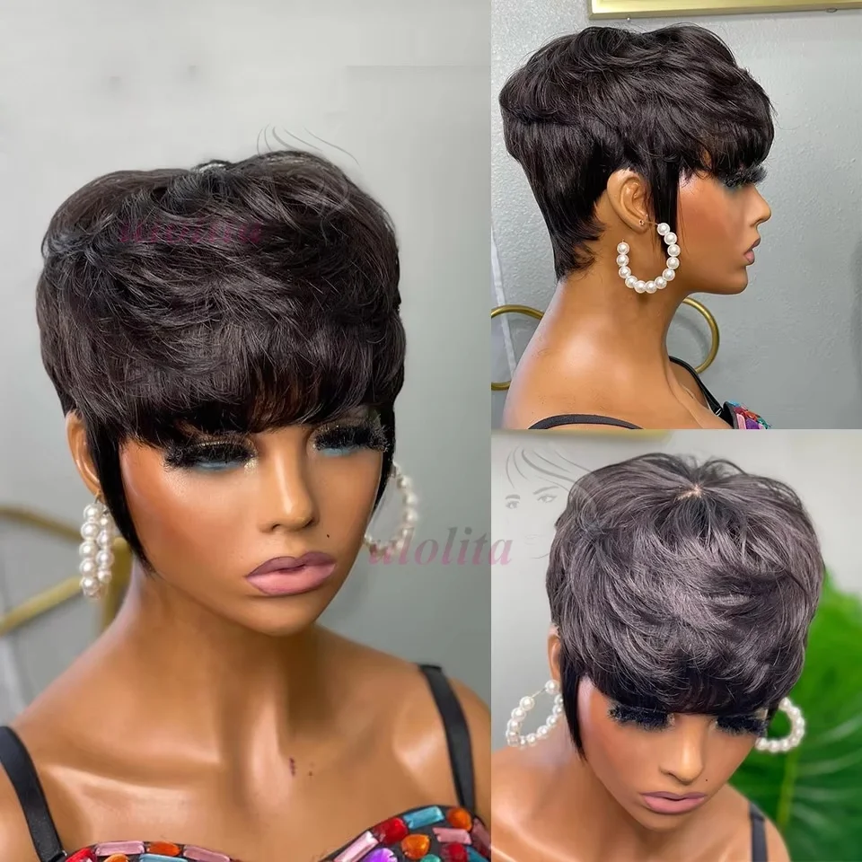 Ombre Brown Pixie Cut Human Hair Wigs With Bang Highlight Burgundy Fully Machine Made Wigs Human Hair Short Bob Wigs For Black