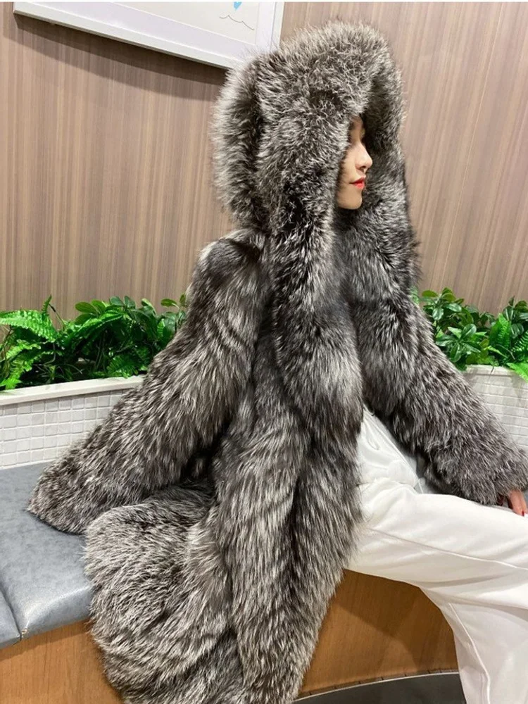 Winter Fashionable Warm Loose Synthetic Fur Gorgeous Soft Fluffy Comfortable Exquisite Lady Elegant Gray Long Hooded Outerwear
