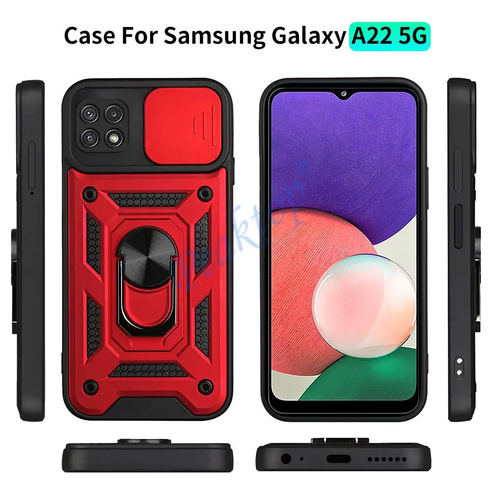 Slide Camera Lens Protective Case For Samsung Galaxy A22 5G Shockproof  Cover For Samsung A22 A 22 with Ring Magnet Stand Coque image 4