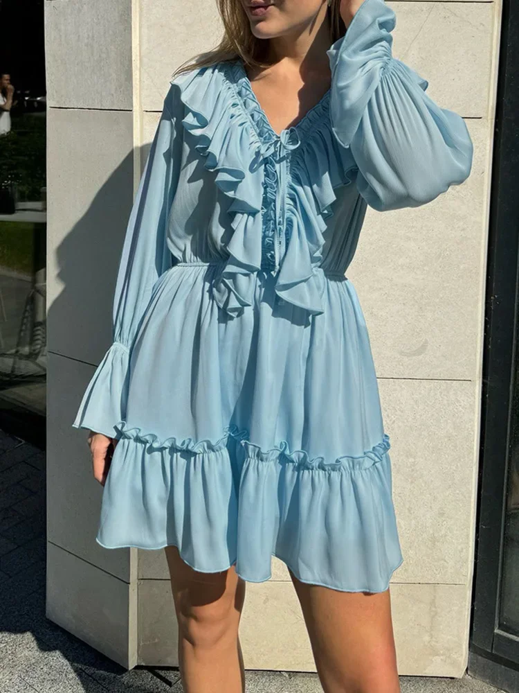 2025 Nuovo abito primavera estate Solido pizzo con scollo a V Dolce mini abito in chiffon per le donne Abiti vintage a maniche lunghe alla moda