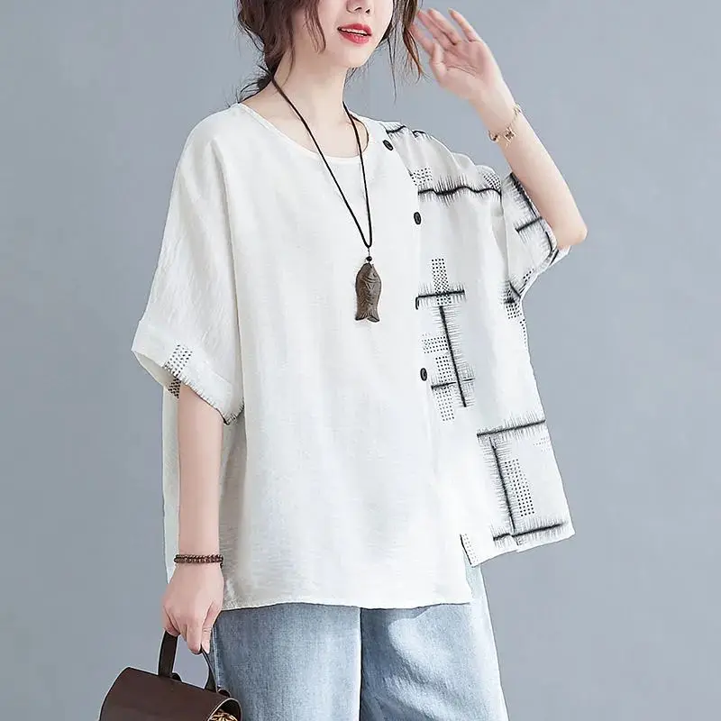 

Retro Fashion Summer New Printing Women's Round Neck Button Asymmetric Lattice Casual Versatile Loose Short Sleeve T-shirt Tops