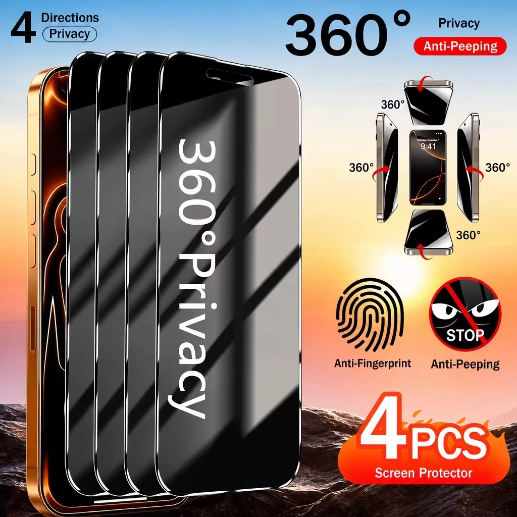 1-4 Stück Sichtschutzfolie kompatibel mit 360 °   Vollständig abdeckendes Anti-Spy Panzerglas für iPhone 18 17 16 15 14 13 Pro Max
